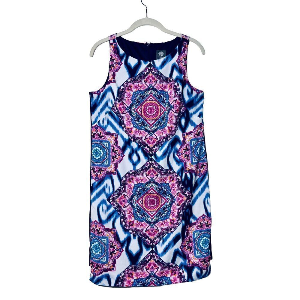 NWOT Vince Camino Multicolor Blue Pink Sleeveless Ikat Medallion Shift Dress Sz